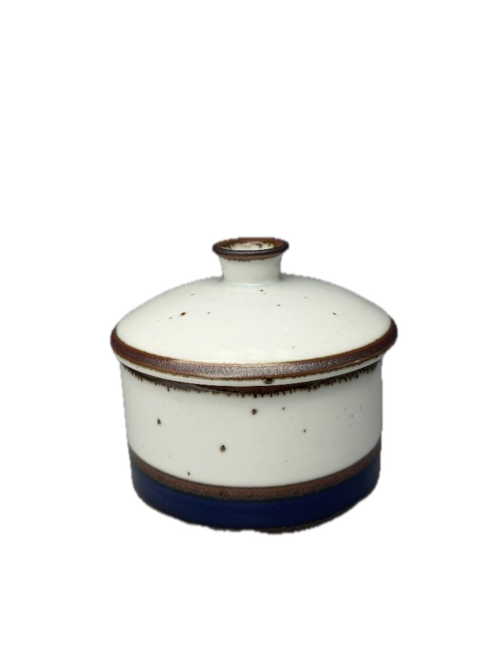 Dansk White Navy Blue Stoneware Lidded Bowl Rust Brown Trim Condiment Speckled